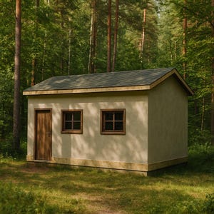 Puede incluir: Un pequeño cobertizo de color beige con un tejado verde oscuro y marcos de puertas y ventanas de madera. El cobertizo está situado en un bosque con árboles altos y follaje verde. Las ventanas son cuadradas con un diseño de cruz.