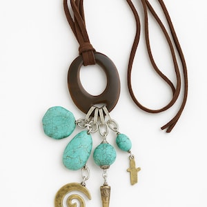 Handmade turquoise necklace with boho pendants – leather cord – spiritual jewelry – gift for her