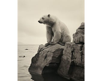 Polar Bear Fine Art Poster | Arctic Wildlife Photography | Minimalist Nature Wall Art | Black and White Animal Decor | Coastal Calm