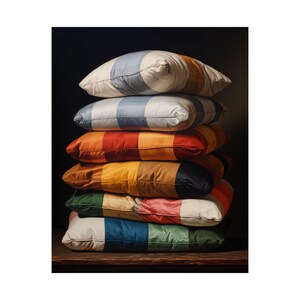 Stacked Pillows Still Life Print | Cozy Home Decor Art | Warm Modern Wall Art | Textile Inspired Oil Painting | Rustic Minimalist Poster