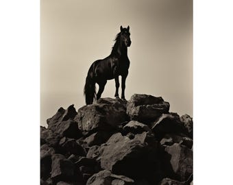 Black Stallion Fine Art Poster | Horse Wall Art | Equestrian Photography Poster | Minimalist Nature Decor | Wild Spirit Artwork