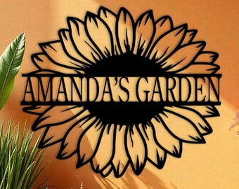 Op de afbeelding: Zwart metalen zonnebloem tuinschild met de tekst "AMANDA'S GARDEN" in het midden. Het bord heeft de vorm van een zonnebloem met gedetailleerde bloemblaadjes. Het bord is gemonteerd op een lichtoranje muur met groene planten op de voorgrond.