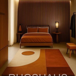 Modern Geometric Tufted Rug – Burnt Orange & Mustard Yellow Abstract Carpet for Bedroom or Living Room – Mid-Century Inspired Floor Decor by