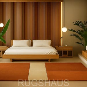 Modern Geometric Area Rug  Burnt Orange & Beige Hand-Tufted Wool Carpet Minimalist   for Bedroom Room Living Room Kitchen Room Enterway Room