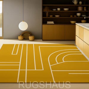 Modern Mustard Yellow Geometric Rug  Abstract Tufted Carpet for Kitchen, Living Room or Bedroom MidCentury Minimalist Designer Floor Decor