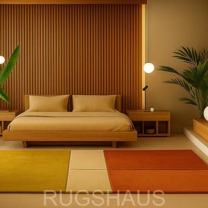 Modern Color Block Area Rug Hand-Tufted Wool Rug in Mustard Beige  Burnt Orange  Minimalist Contemporary Carpet for Bedroom Living Room