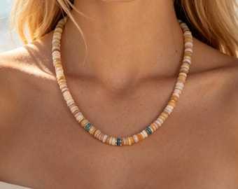 Cream Puka Shell Beaded Necklace, Bohemian Coastal Turquoise Choker, Summer Beach Surfer Jewelry, Bridesmaid Vacation Gift, Gift for Her