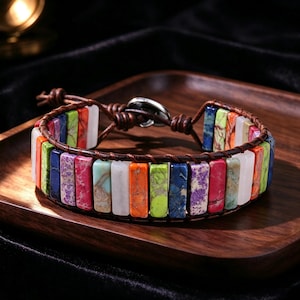 7-Chakra Imperial Jaspis Läderarmband, Handgjort Vävt Pärlarmband, Boho Helande Ädelstenssmycken, Födelsedags- och Julklapp till Henne