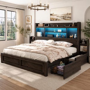 Storage Drawer Bed, LED Headboard Bookcase, Wooden Platform Bed, Charging Station, Sliding Shelves, Rustic Farmhouse Style, Space Saving Bed image 15
