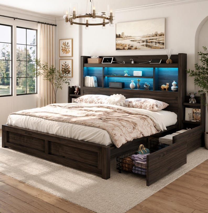 Storage Drawer Bed, LED Headboard Bookcase, Wooden Platform Bed, Charging Station, Sliding Shelves, Rustic Farmhouse Style, Space Saving Bed image 15