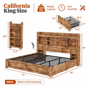 Storage Drawer Bed, LED Headboard Bookcase, Wooden Platform Bed, Charging Station, Sliding Shelves, Rustic Farmhouse Style, Space Saving Bed CaliforniaKing Brown