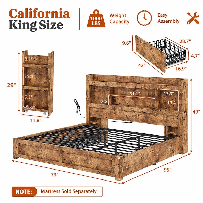 Storage Drawer Bed, LED Headboard Bookcase, Wooden Platform Bed, Charging Station, Sliding Shelves, Rustic Farmhouse Style, Space Saving Bed CaliforniaKing Brown