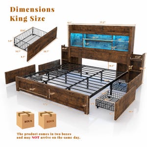 Storage Drawer Bed, LED Headboard Bookcase, Wooden Platform Bed, Charging Station, Sliding Shelves, Rustic Farmhouse Style, Space Saving Bed image 4