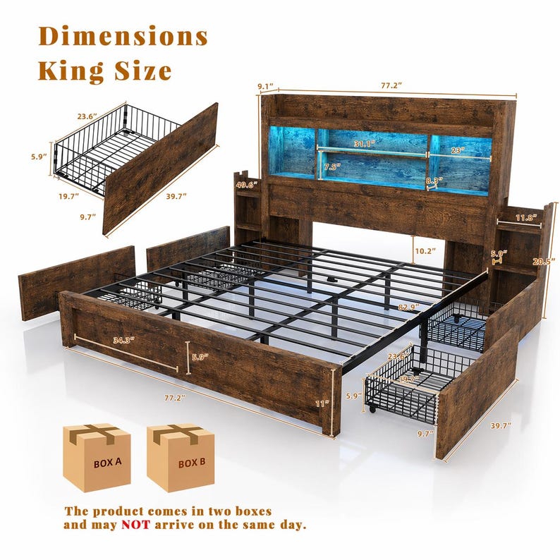 Storage Drawer Bed, LED Headboard Bookcase, Wooden Platform Bed, Charging Station, Sliding Shelves, Rustic Farmhouse Style, Space Saving Bed image 4