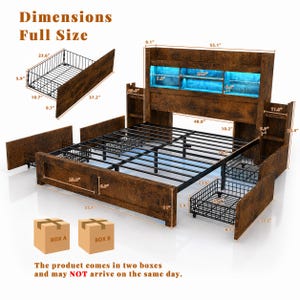 Storage Drawer Bed, LED Headboard Bookcase, Wooden Platform Bed, Charging Station, Sliding Shelves, Rustic Farmhouse Style, Space Saving Bed image 6