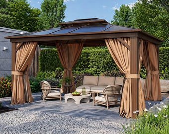 Outdoor Hardtop Gazebo, Heavy Duty Polycarbonate Double Roof, Aluminum Frame Patio Shelter, Privacy Curtains Netting Included, Weatherproof