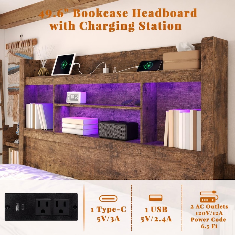 May include: A rustic wooden bookcase headboard with a charging station. It features shelves with books, a speaker, and a digital clock. The headboard has built-in purple LED lighting and includes a Type-C port, a USB port, and two AC outlets.
