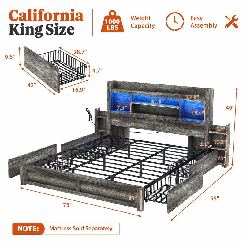 May include: A gray California King Size bed frame with a headboard featuring built-in shelves and blue LED lighting. The bed includes storage drawers and has a weight capacity of 1000 lbs. Dimensions are provided in inches.