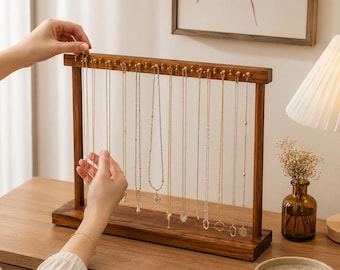 Jewelry Organizer Display Stand, Solid Wood Necklace Holder, Countertop Rack, Earring Bracelet Display, Chain Storage