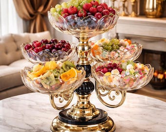 Luxury Rotating Fruit Bowl Stand, Five Bowl Snack Tray, Gold Candy Dish Organizer, Dried Fruit and Nut Serving Tray