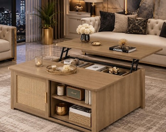 Farmhouse Lift Top Coffee Table, Square Coffee Table with Storage, Sliding Barn Door Table, Hidden Storage Table, Adjustable Shelf Coffee