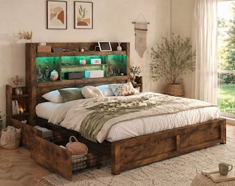 Storage Drawer Bed, LED Headboard Bookcase, Wooden Platform Bed, Charging Station, Sliding Shelves, Rustic Farmhouse Style, Space Saving Bed