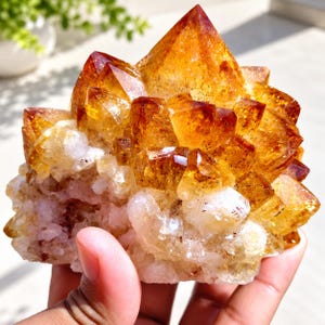 Op de afbeelding: Een cluster van citrienkristallen met diepe amberkleurige en goudoranje punten die overgaan in een bleke, doorschijnende witte basis. De mineraalformatie vertoont scherpe, veelzijdige uiteinden en een grillige, natuurlijke kristalstructuur.
