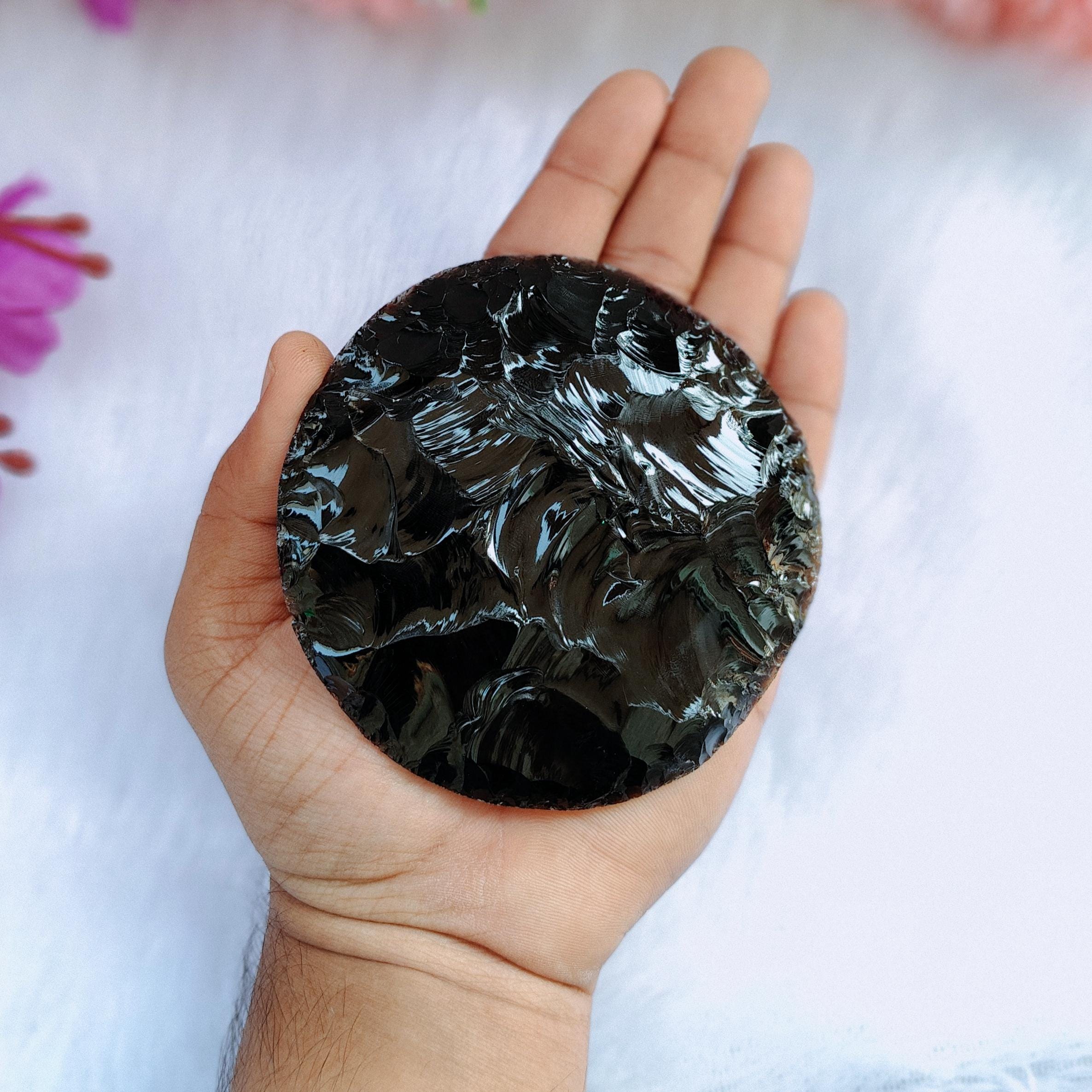 Black Obsidian Disc 3.5-4 Inch | Hand Knapped Volcanic Glass Round