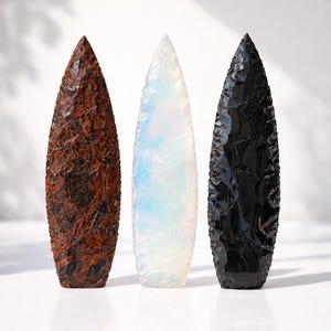 May include: Three stone arrowheads in a row. The arrowhead on the left is a reddish-brown color with a rough texture. The middle arrowhead is white with a translucent quality. The arrowhead on the right is black with a glossy finish.