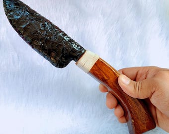 Black Obsidian Knife With Wooden Handle 10 inch | Hand Knapped Volcanic Glass Blade