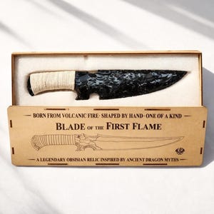 Klinge der Ersten Flamme, Obsidianmesser, 25 cm | Handgefertigter Dolch aus vulkanischem Glas (Obsidian) mit Holzgeschenkbox