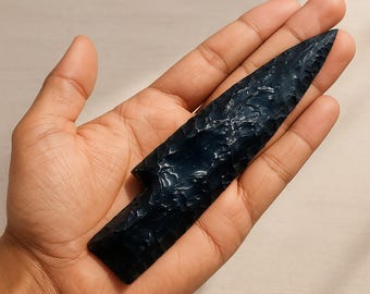 Black Obsidian Hand-Knapped Blade – 5.5–6" Flint Knapped Knife | Volcanic Glass Arrowhead Knife