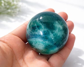 Natural Green Fluorite Crystal Ball 50 mm,  Rainbow Fluorite Healing Sphere with Stand | Desk Decor Crystal Gift