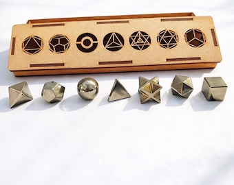 Conjunto de geometría sagrada de sólidos platónicos de pirita / Geometría cristalina de 7 piezas con caja de madera
