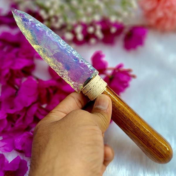 Hand Knapped Opalite Crystal Knife 8–9 inch | Glass Arrowhead Blade With Wooden Handle