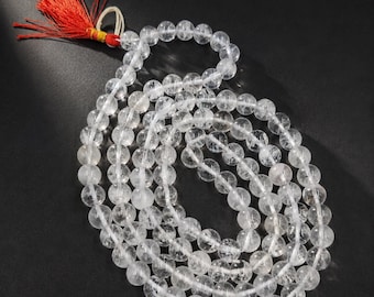 Natural Sphatik Clear Quartz Japa Mala Necklace 108 Beads | 10mm Crystal Clear Quartz Prayer Mala for Meditation Yoga Spiritual Jewelry Gift
