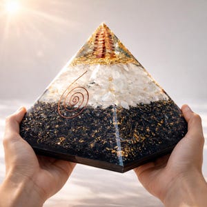May include: A layered pyramid with a black base, white crystals, and a gold-colored top. A copper spiral design is visible on the front. The pyramid is held in two hands.