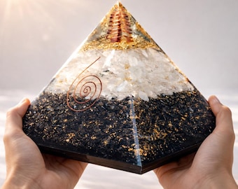 Große Schwarze Turmalin Energie Pyramide mit Kupferspirale | Großer Orgonit Wohn Dekor 180 mm