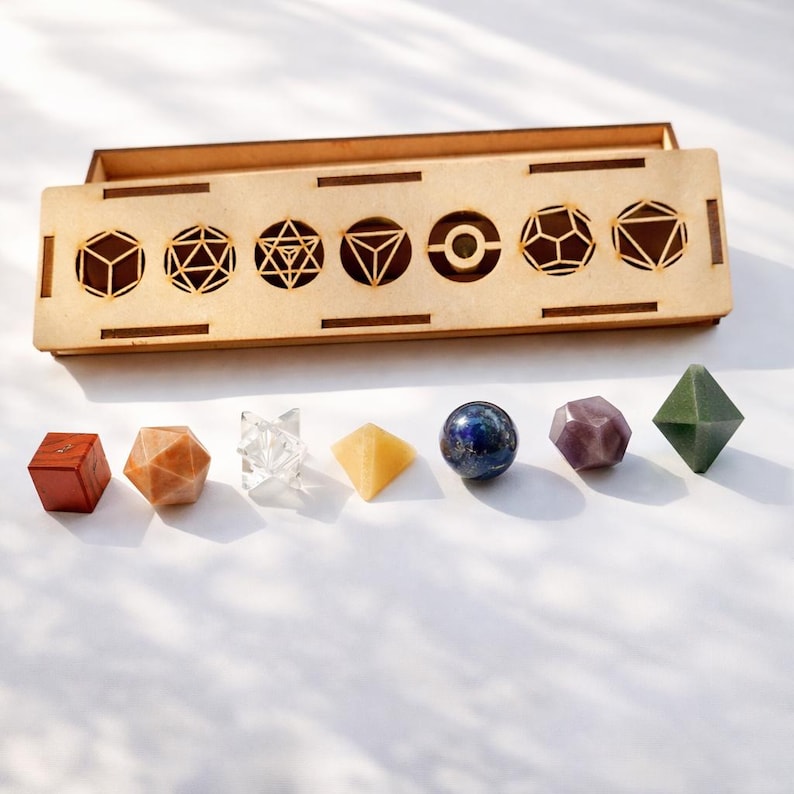 Seven Chakra Sacred Geometry Set With Wooden Box | 7 Platonic Solids ...