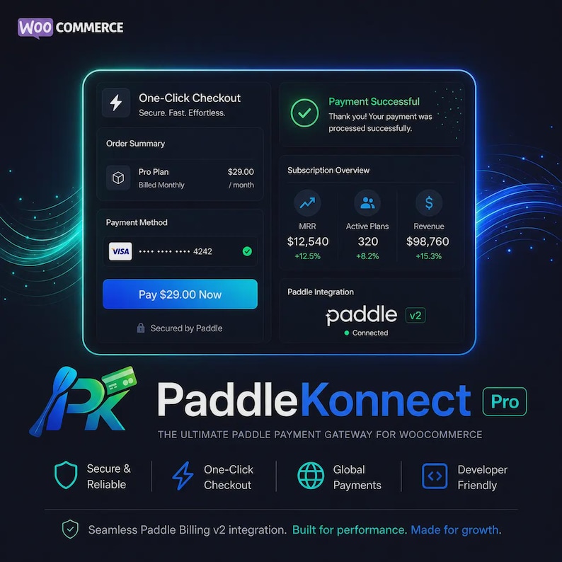 以下が含まれることがあります： WooCommerce決済ゲートウェイ「PaddleKonnect Pro」のデジタルインターフェース。ワンクリック決済モジュール、注文概要、支払い方法、およびMRR、アクティブプラン、収益などの指標を含むサブスクリプションの概要が表示されています。