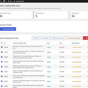以下が含まれることがあります： WooCommerceの製品データを表示するPaddle Catalog Bulk Syncというタイトルのデジタルダッシュボードインターフェース。画面には、合計、同期済み、保留中のアイテムの概要ボックスと、製品タイトル、タイプ、価格、マッピングステータスを一覧表示するテーブルが表示されています。