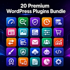 May include: A digital graphic featuring a collection of 20 premium WordPress plugins. Each plugin is represented by a colorful square icon with a unique symbol, such as a speedometer, magnifying glass, or shopping cart. The text "20 Premium WordPress Plugins Bundle" is at the top.
