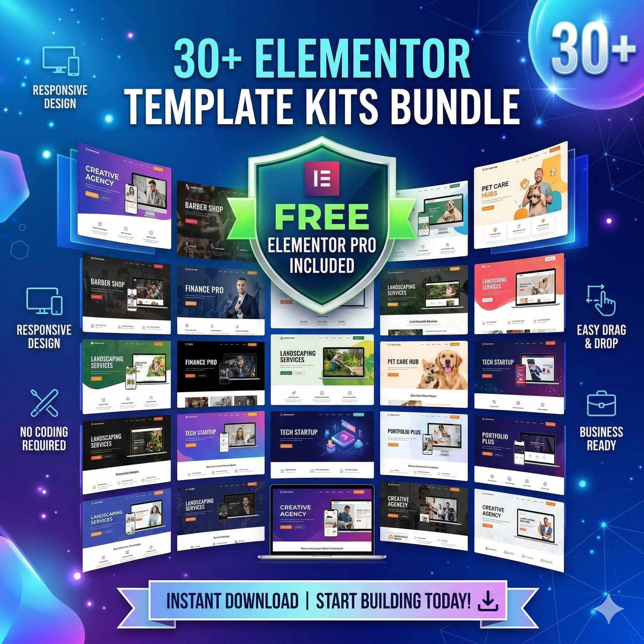 Elementor Template Kits Bundle, 30 WordPress Website Templates for Agencies & Businesses, Responsive No-Code Design
