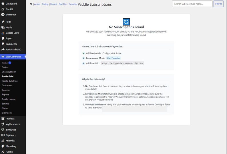 以下が含まれることがあります： Paddle Subscriptionsというタイトルのソフトウェアダッシュボードインターフェースで、No Subscriptions Foundというメッセージが表示されています。画面には接続と環境の診断、APIステータス、リストが空である3つの理由が記載されています。
