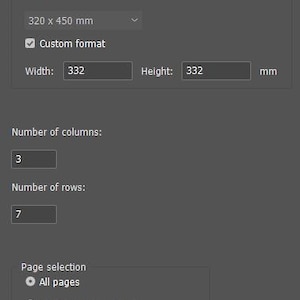 Könnte beinhalten: Screenshot eines Dialogfelds mit dem Titel "Repeated Imposition Settings". Das Dokument ist "Format Carte de Visite Test.indd" mit 10 Seiten. Optionen umfassen Blattformat, benutzerdefiniertes Format mit 332 mm Breite und Höhe und Seitenauswahl.