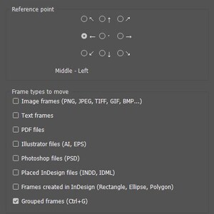 May include: Screenshot of a dialog box titled "Frame Position / Offset" with options for position and reference points. Includes checkboxes for frame types and radio buttons for page selection. Position X and Y values are set to 10.