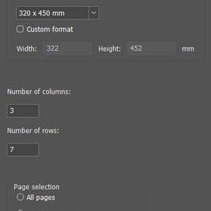 May include: Screenshot of a dialog box titled "Grid Imposition Settings." It displays document details, sheet format options, column and row settings, and page selection choices. The document format is "Carte de Visite Test.indd."