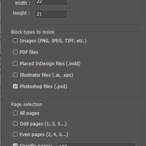 May include: A dialog box titled "Resize Without Fitting" with options for image dimensions (22mm width, 21mm height), file types, and page selection. The "Photoshop files (.psd)" and "Specific pages: 100" options are selected.