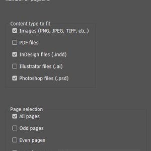 Peut inclure: Capture d'écran d'une boîte de dialogue Adobe InDesign intitulée "Ajuster le contenu aux cadres". La boîte de dialogue affiche des options de type de contenu et de sélection de pages, avec des boutons "OK" et "Annuler".