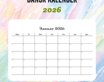 2026-månedskalender in liggend formaat, duidelijk naar de beschrijving. Vægkalender als PDF met een huur- en overscueligt-måneds-for-måned layout.